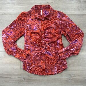 Free People‎ XS Bianca Printed Blouse Ruched Button Up Leopard Paisley